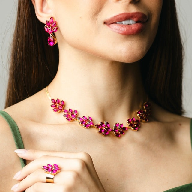 KIT COLAR, BRINCO E ANEL REGULÁVEL MIDTOWN ROSA PINK DOURADO