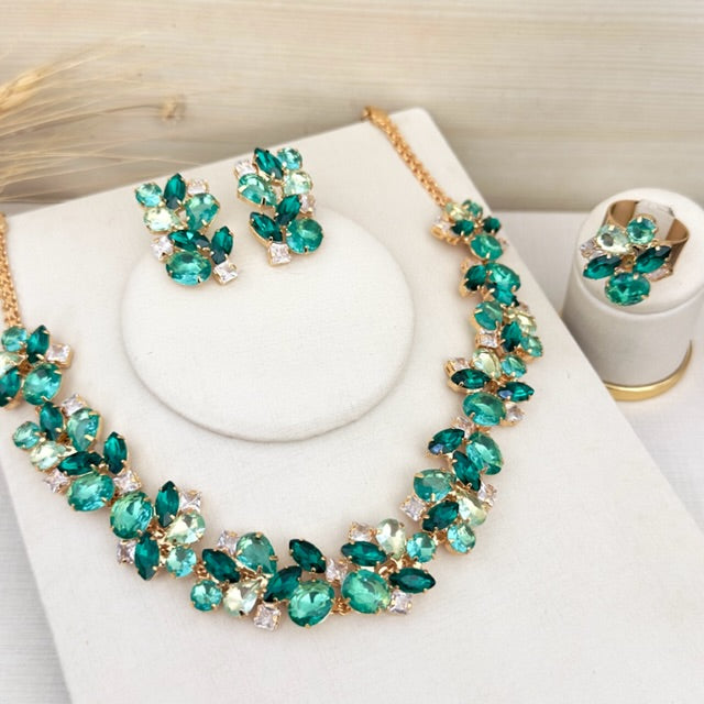 Kit Colar, Brinco e Anel Regulável Tons de Verde Dourado
