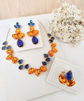 Kit Colar, Brinco e Anel Safira com Coral Fenix