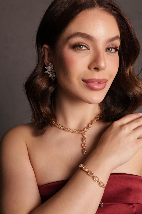 Kit Colar, Brinco e Pulseira Adele  Cristal de Zircônia Dourado