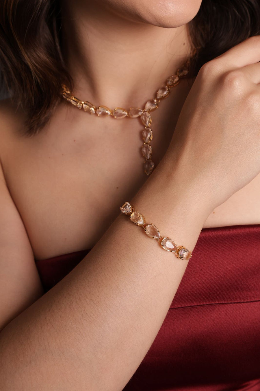 Kit Colar, Brinco e Pulseira Adele  Cristal de Zircônia Dourado