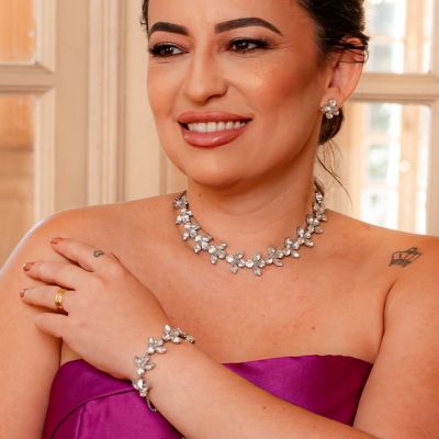 Kit Colar, Brinco e Pulseira Rainha Cristal -Prata