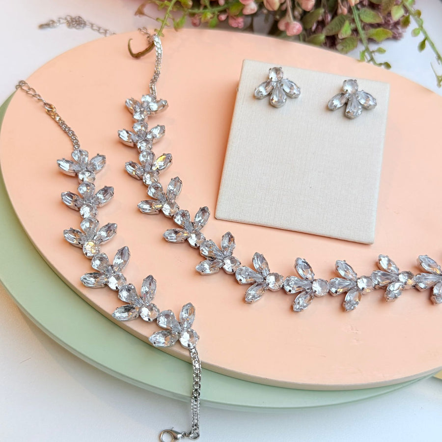 Kit Colar, Brinco e Pulseira Rainha Cristal -Prata