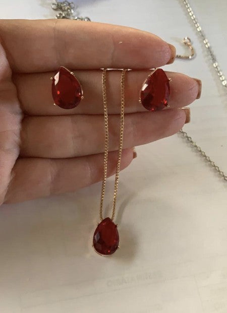 Kit colar + brinco gotinha vermelho dourado