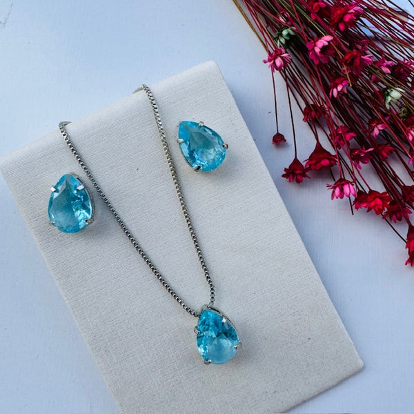 Kit Colar com Brinco de Gota Azul no Prata