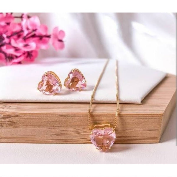 Kit colar com Brinco de Zircônia Rosa de Coração