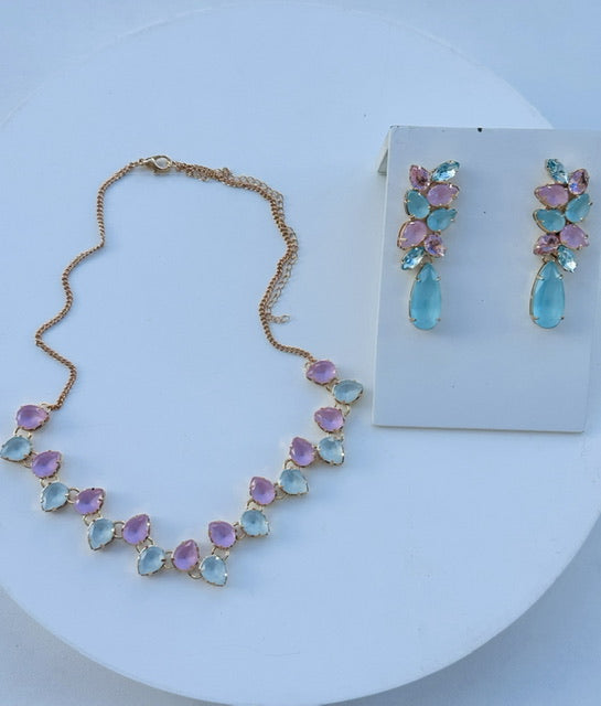 Kit Colar com Brinco Tallula Rosa com Azul