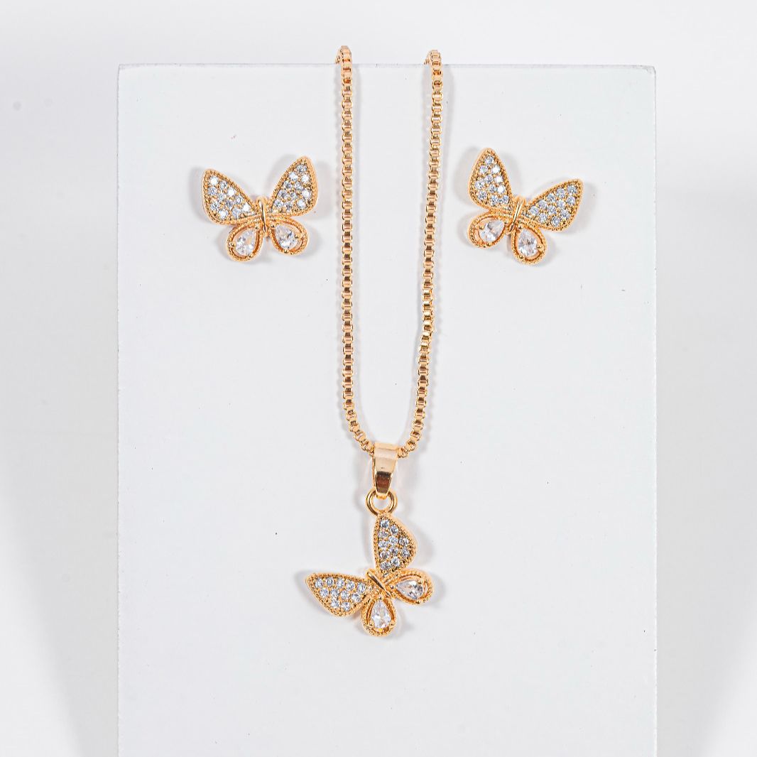 kit Colar e Brinco Borboleta de Zircônia Banho de Ouro 18k