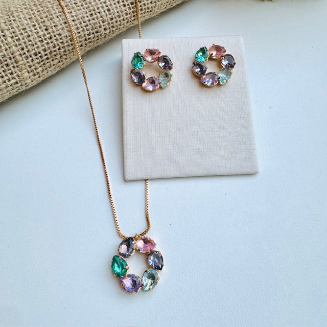 Kit Colar e Brinco Carrossel Collor de Zircônia Dourado