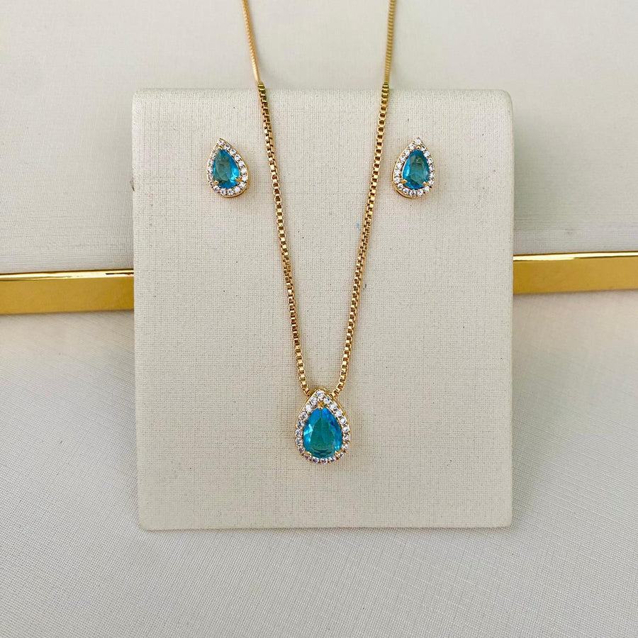 Kit Colar e Brinco Cinderela Azul de Zircônia Dourado