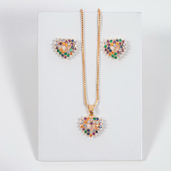 kit Colar e Brinco Coração Collor de Zircônia Mileny Banho de Ouro 18k