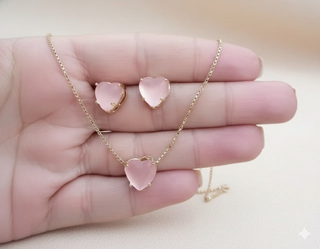 kit Colar e Brinco Coração Rosa Fosco Dourado