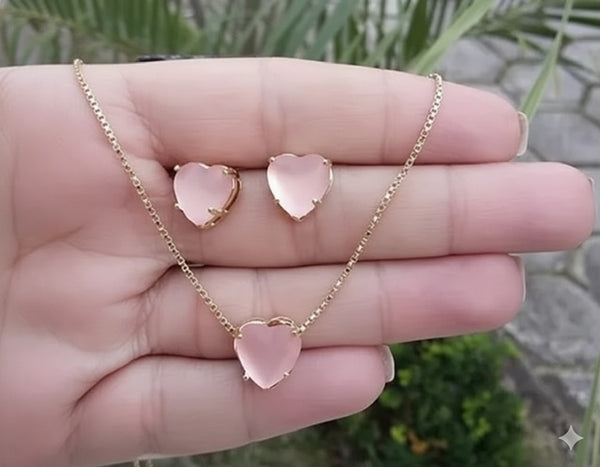 kit Colar e Brinco Coração Rosa Fosco Dourado