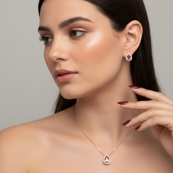 Kit Colar e Brinco de Gota Zircônia Rosa Cravejado
