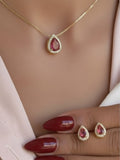 Kit Colar e Brinco de Gota Zircônia Vermelho Cravejado