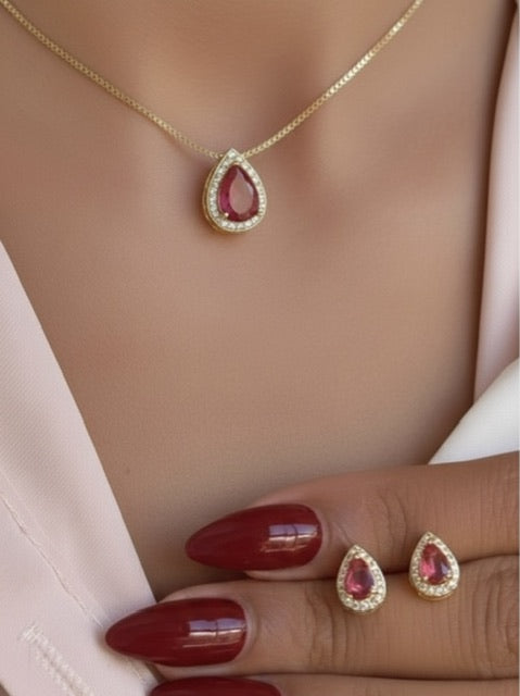 Kit Colar e Brinco de Gota Zircônia Vermelho Cravejado