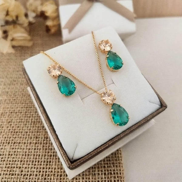Kit Colar e Brinco de Zircônia Nude com Verde Turmalina Sasa Dourado
