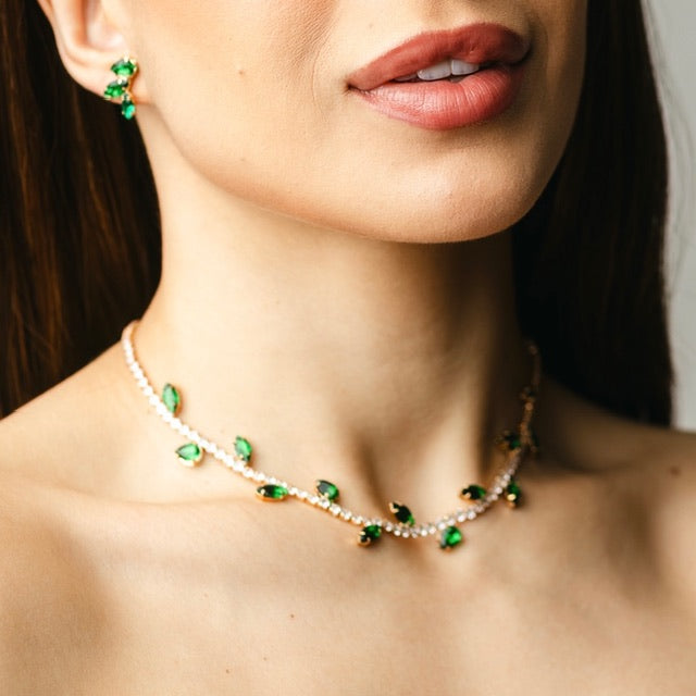 Kit Colar e Brinco de Zircônia Ramos Esmeralda Dourado