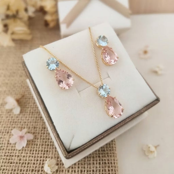 Kit Colar e Brinco de Zircônia Azul com Rosa Sasa Dourado