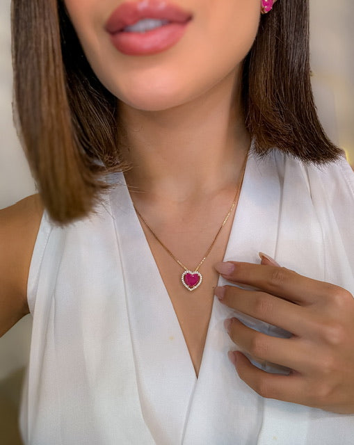 Kit Colar e Brinco de Zircônia Aline Rosa Fucscia
