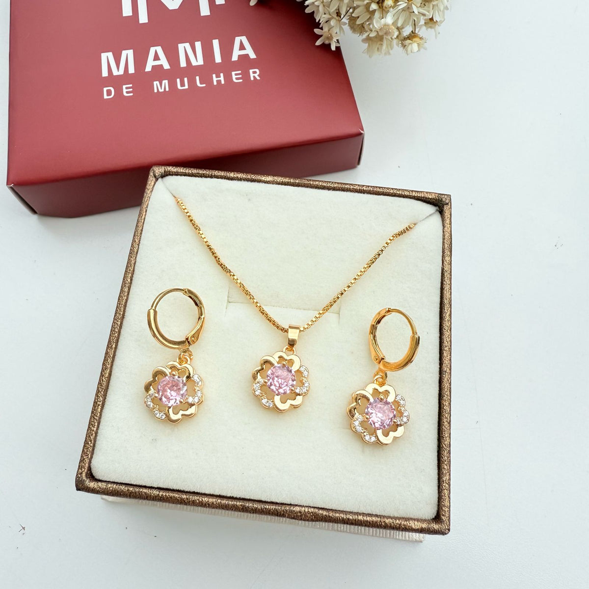 Kit Colar e Brinco Flor Rosa de Zircônia