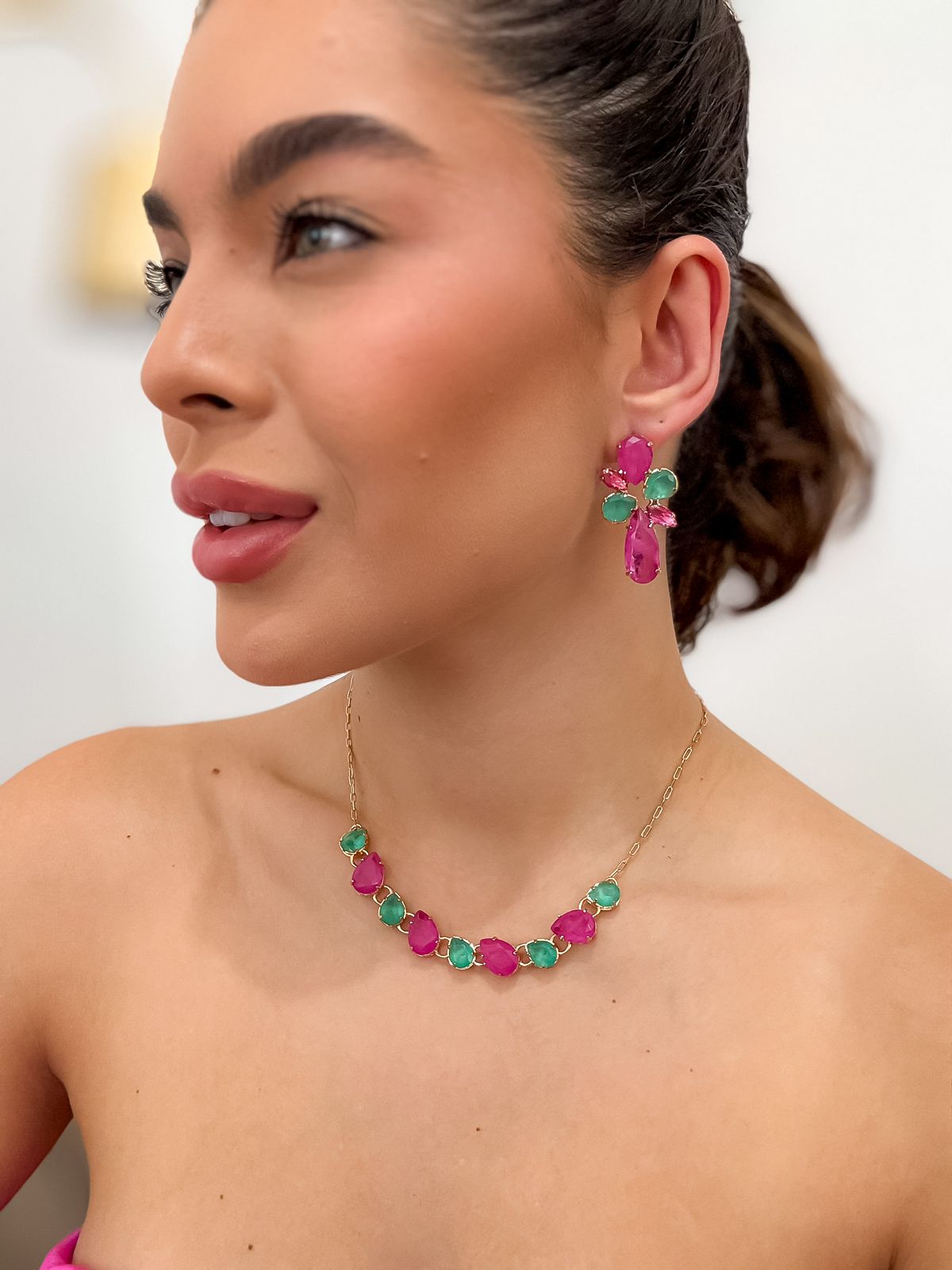 Kit Colar e Brinco Fuscia com Turmalina Sinam Drop