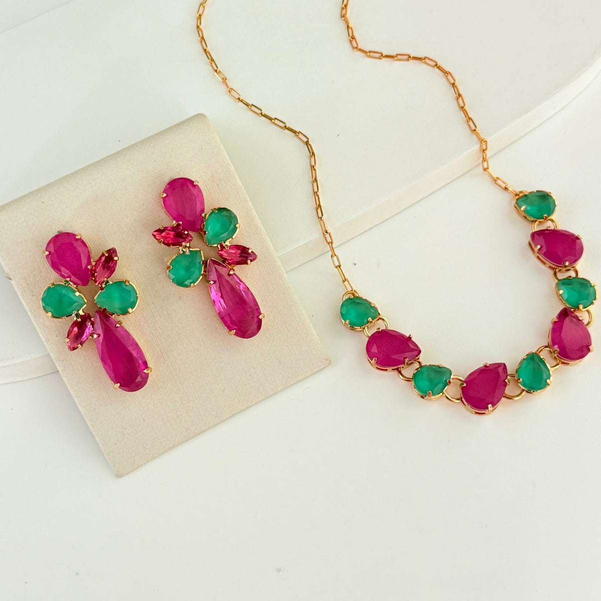 Kit Colar e Brinco Fuscia com Turmalina Sinam Drop