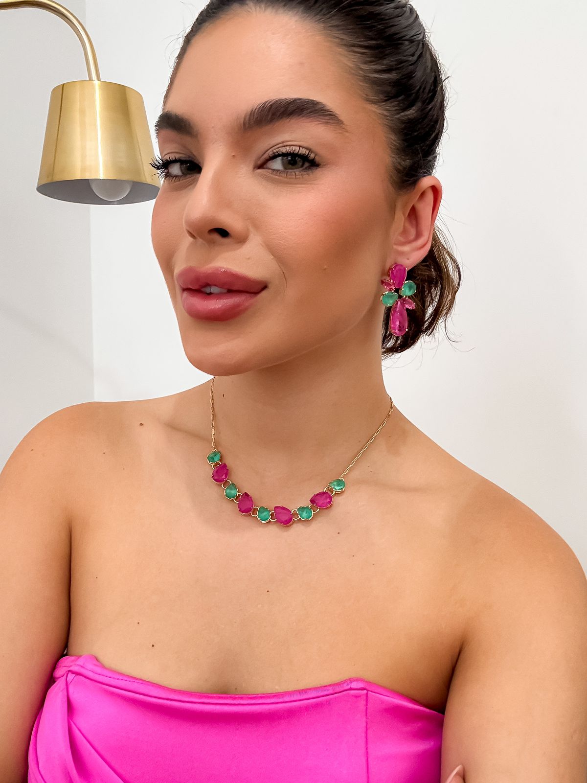 Kit Colar e Brinco Fuscia com Turmalina Sinam Drop