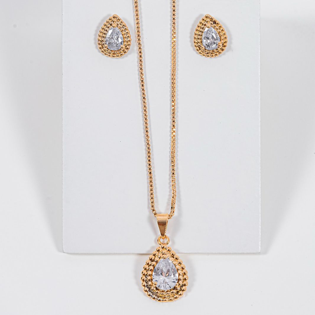 kit Colar e Brinco Gota de Zircônia Cristal Chuvys Banho de Ouro 18k