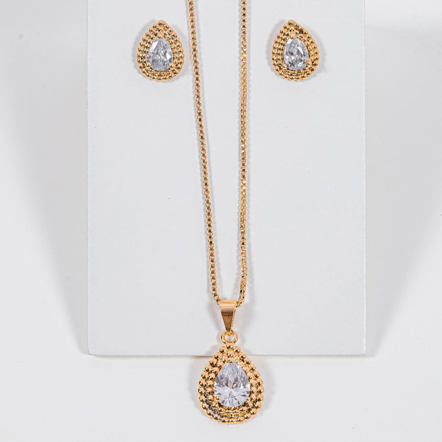 kit Colar e Brinco Gota de Zircônia Cristal Chuvys Banho de Ouro 18k