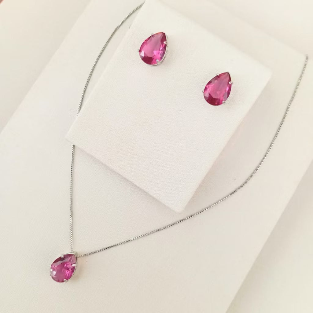 Kit Colar e Brinco Gota Fúcsia de Zircônia Prata