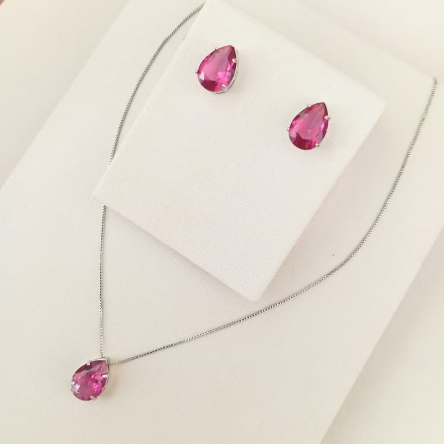 Kit Colar e Brinco Gota Fúcsia de Zircônia Prata