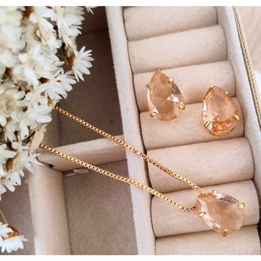 Kit Colar e Brinco Gota Nude de Zircônia Dourado