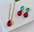 Kit Colar e Brinco Gota Rosa Fúcsia e Verde Esmeralda