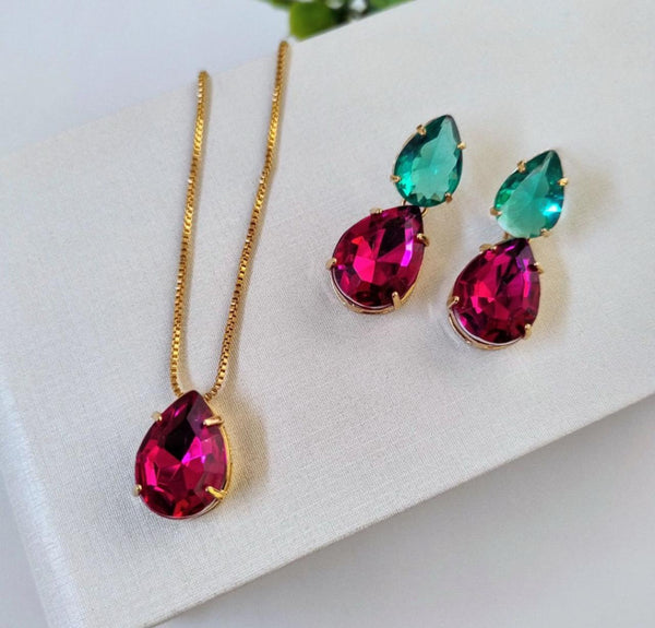 Kit Colar e Brinco Gota Rosa Fúcsia e Verde Esmeralda