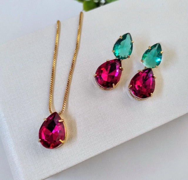 Kit Colar e Brinco Lanna Pink com Verde