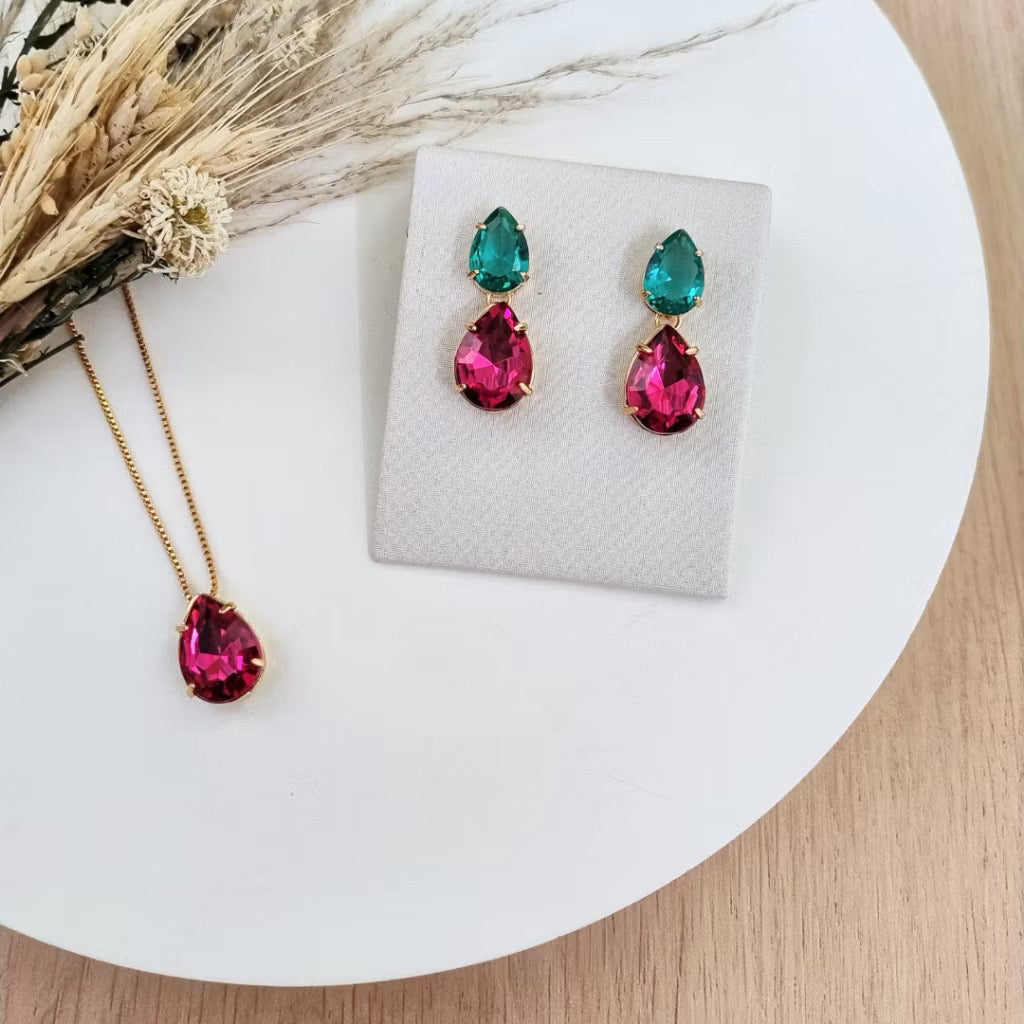 Kit Colar e Brinco Lanna Pink com Verde