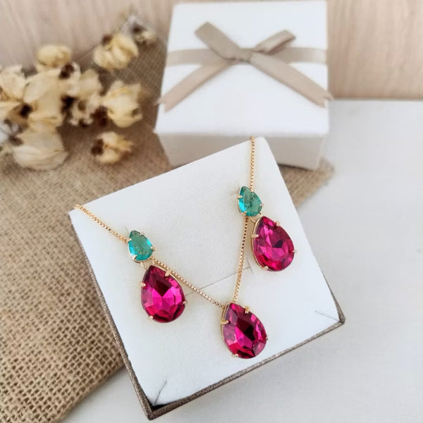 Kit Colar e Brinco Lanna Pink com Verde