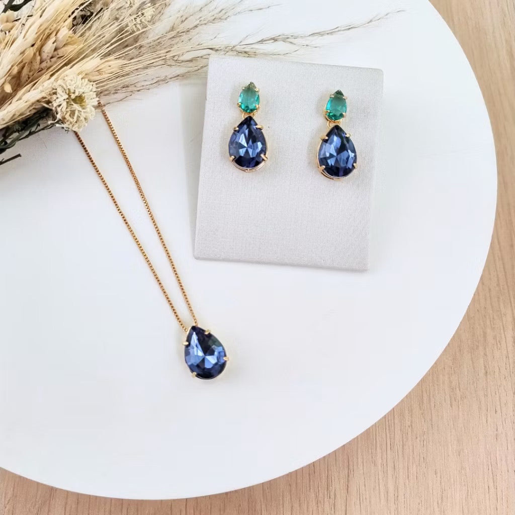 Kit Colar e Brinco Lanna Turmalina com Azul Safira Dourado