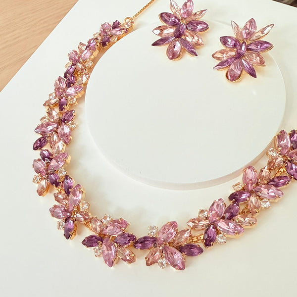 Kit Colar e Brinco Lilas com Rose Pad de Pedraria Jessy