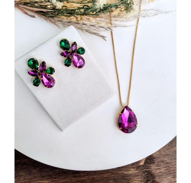 Kit Colar e Brinco Isa Verde com Roxo