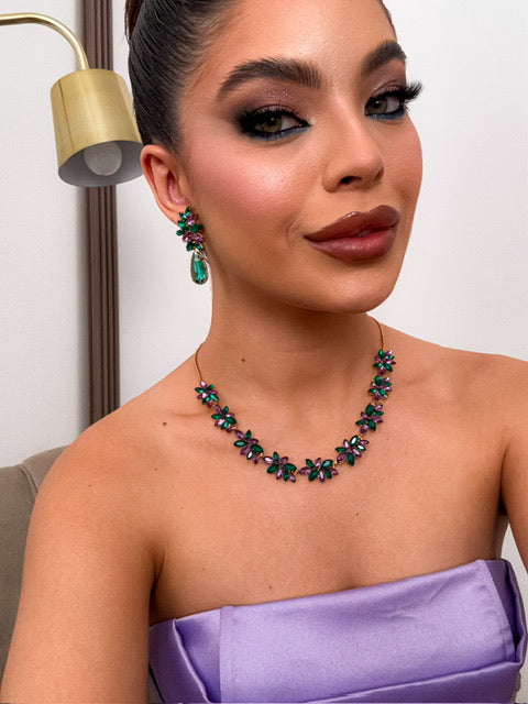 KIt Colar e Brinco LonDanny Verde com Roxo Dourado