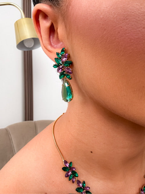 KIt Colar e Brinco LonDanny Verde com Roxo Dourado