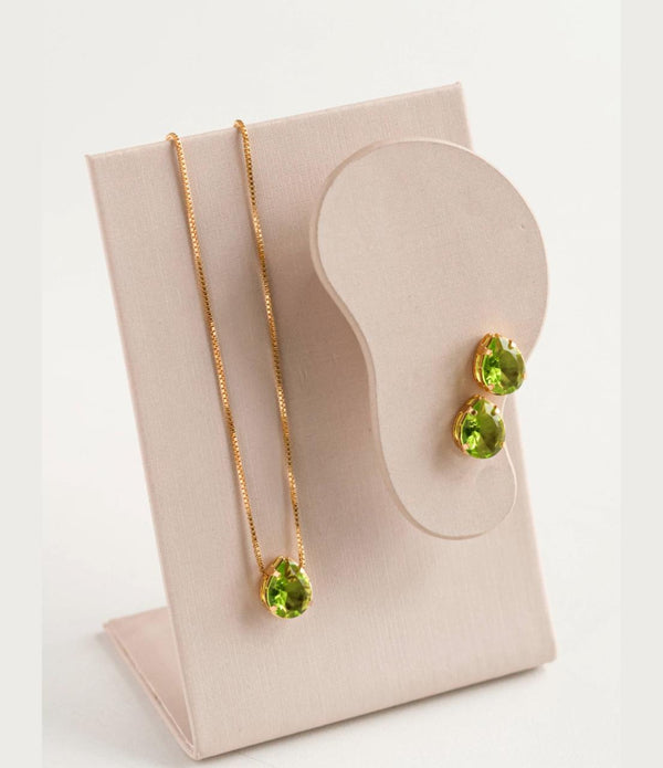 Kit Colar e Brinco Mini Gota de Zircônia Verde Oliva Banho Dourado