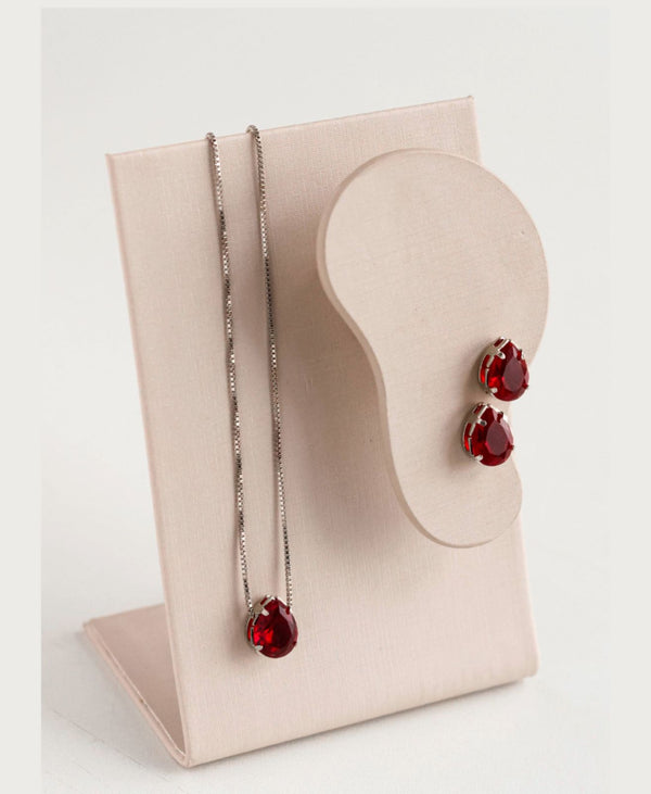 Kit Colar e Brinco Mini Gota de Zircônia Vermelho Banho Prata