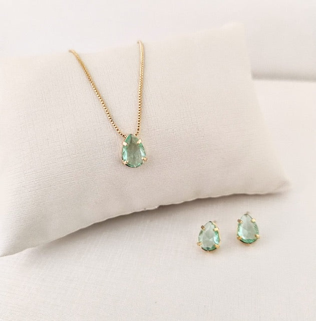 Kit Colar e Brinco Mini Gota de Zircônia Verde Menta