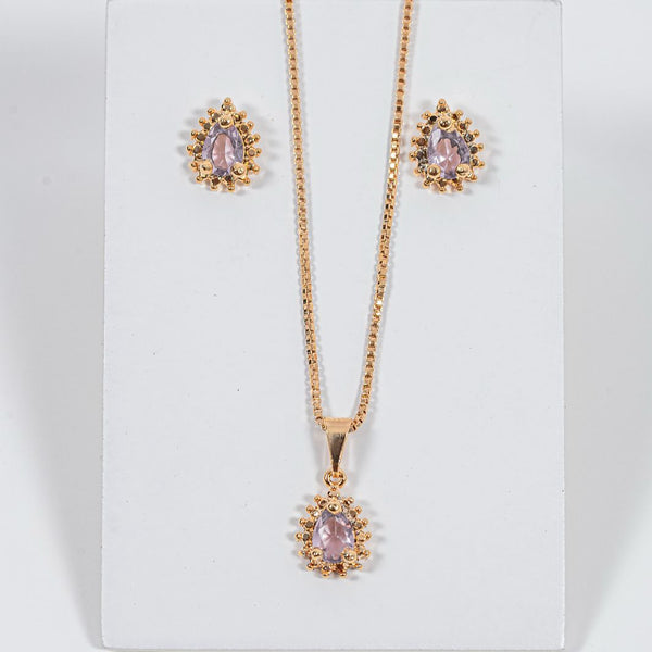 kit Colar e Brinco Mini Gota Leny Rosa de Zircônia Banho de Ouro 18k