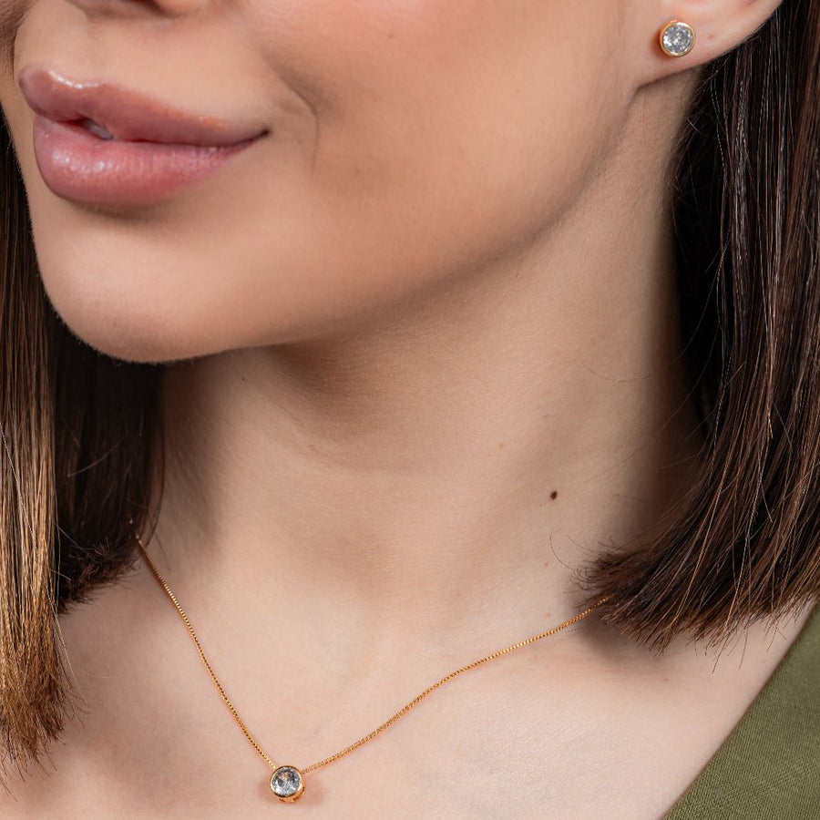 kit Colar e Brinco Ponto de Luz Cristal de Zircônia Banho de Ouro 18k