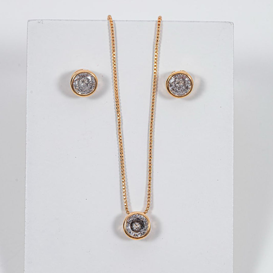 kit Colar e Brinco Ponto de Luz Cristal de Zircônia Banho de Ouro 18k