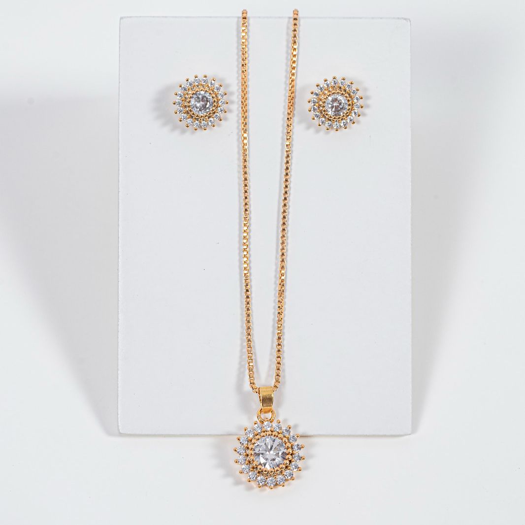 kit Colar e Brinco Ponts de Zircônia Cristal Banho de Ouro 18k